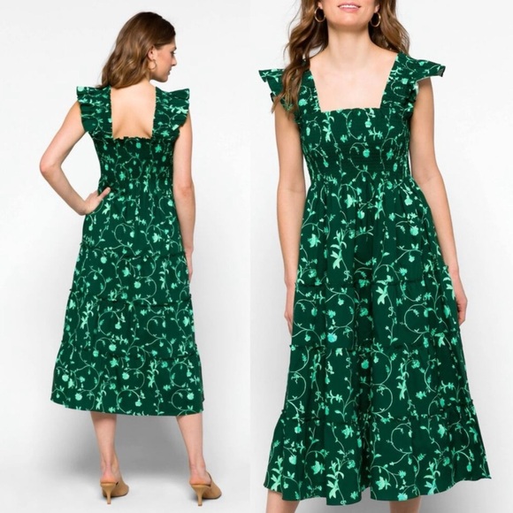 Hill House Home The Ellie Nap Midi Dress in Emerald Green Botanical Print XS - Picture 3 of 12